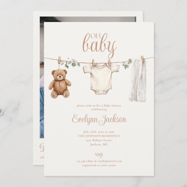 Convites Clothesline Neutral Baby Shower Photo QR Code (Frente/Verso)