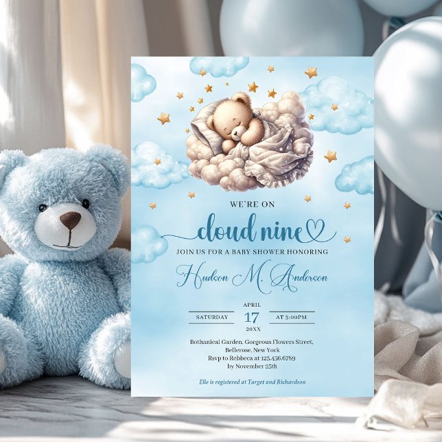 Convites Cloud 9 Chá de fraldas de ursinho de pelúcia dormi (we're on cloud nine boy baby shower invitation)