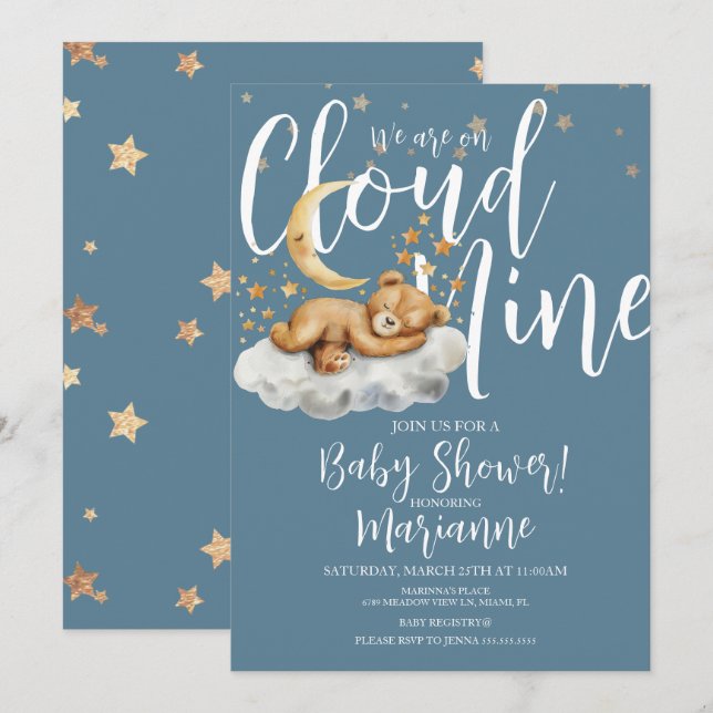 Convites  Cloud Bear Boy Stars Baby Shower  Invitation (Frente/Verso)