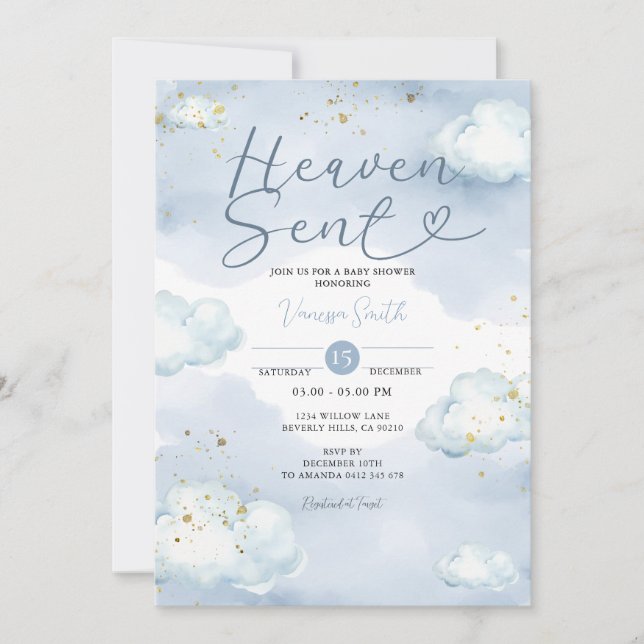 Convites Cloud Heaven Sent Baby Shower Gold Glitter (Frente)