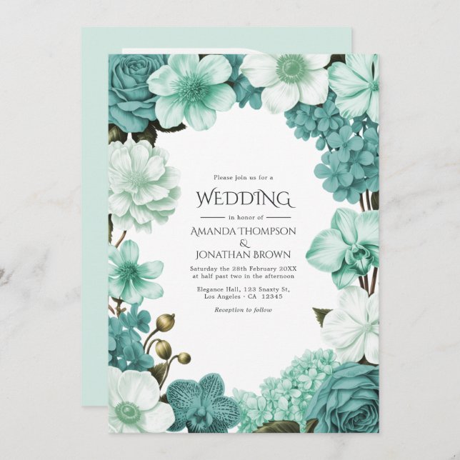Convites Cloud Mint, Frosted Teal & Seaglass Ivory Wedding (Frente/Verso)