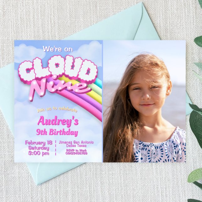 Convites Cloud Nine - 9º aniversário com foto (Cloud Nine - 9th Birthday with Photo Invitation)