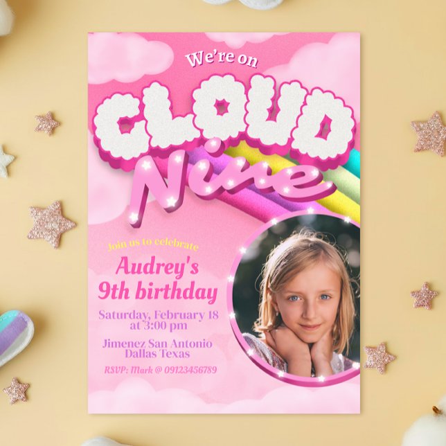Convites Cloud Nine - 9º aniversário com Imagem (Cloud Nine - 9th Birthday with Picture Invitation)