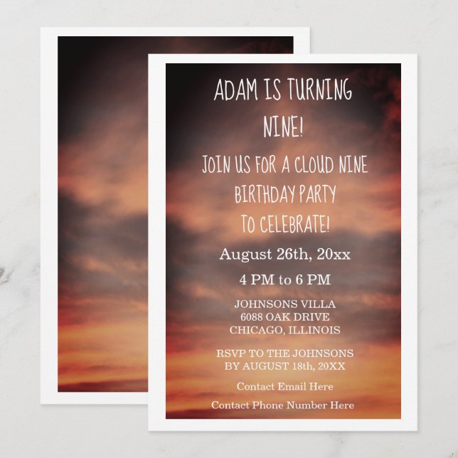 Convites Cloud Nine Festa de aniversário 9ª Idade Personali (Frente/Verso)