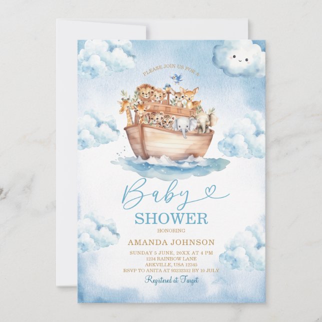 Convites Cloud Noah's Ark Light Blue Baby Shower (Frente)