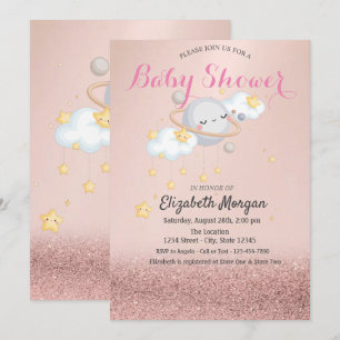 Convites Clous Stars Planeta Rosa Dourado Bokeh Baby Shower