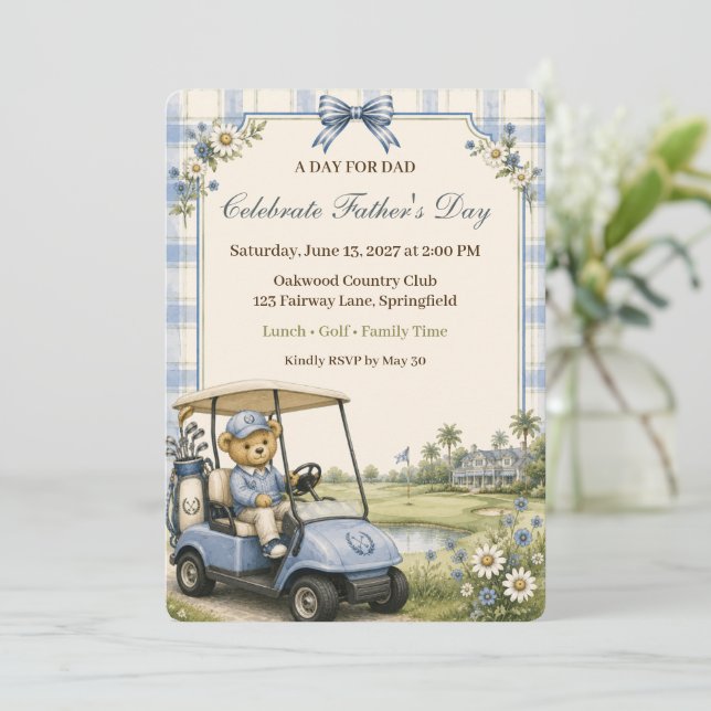 Convites Clube Country Blue Teddy Bear | Dia dos Pais (Em pé/Frente)