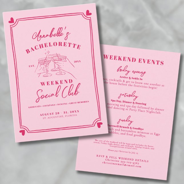 Convites Clube de Encontro de Fim de Semana para Despedida  (Girls Weekend Cocktail Social Club Bachelorette Invitation)