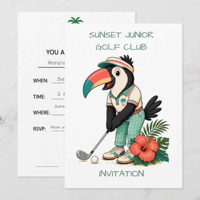 Convites Clube de Golfe Infantil Retro Toucan Júnior Person (Frente/Verso)