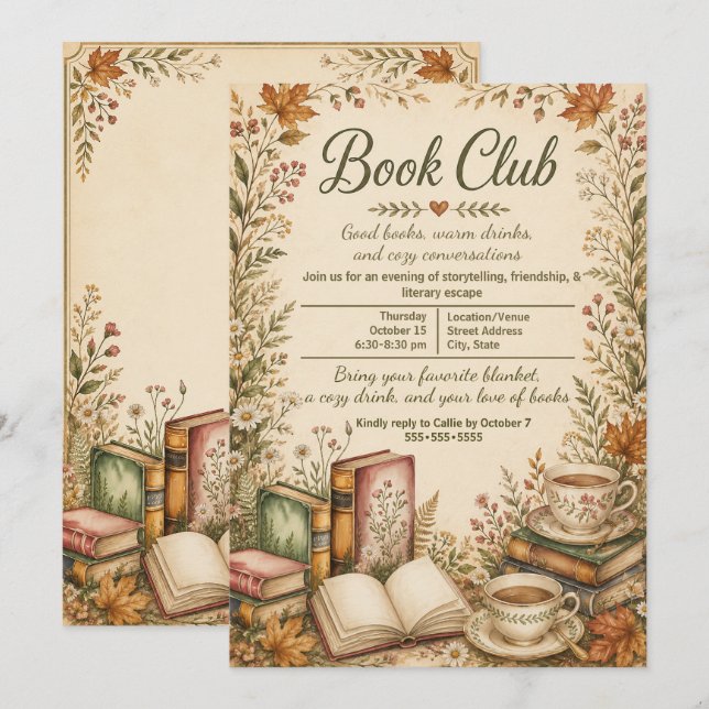 Convites Clube do Livro Outono Rústico Vintage (Frente/Verso)