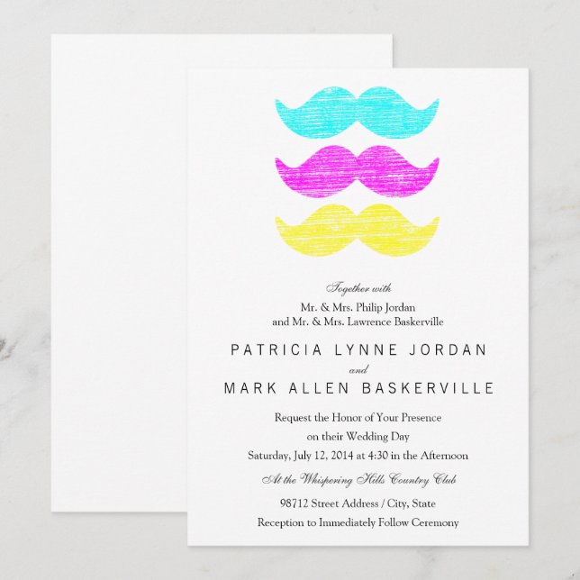 Convites CMY Mustaches (estilo letterpress) (Frente/Verso)