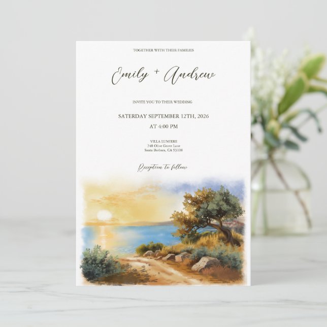 Convites Coast Watercolor Sunset Mediterranean Half Wedding (Em pé/Frente)