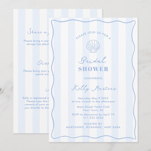 Convites Coastal Blue And White Bridal Shower (Frente/Verso)
