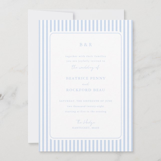 Convites Coastal Blue Classic Stripes Minimalist Wedding (Frente)