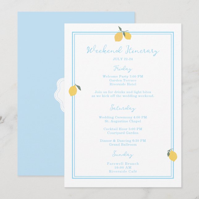 Convites Coastal Blue Lemon Amalfi Wedding Itinerary Card (Frente/Verso)