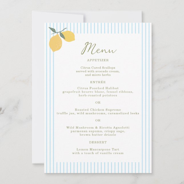 Convites Coastal Blue Lemon Amalfi Wedding Menu Card (Frente)