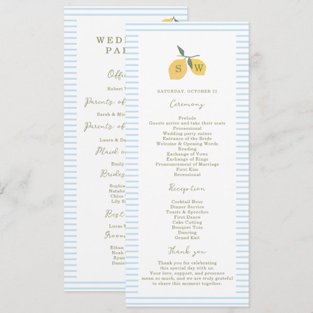 Convites Coastal Blue Lemon Amalfi Wedding Program Card (Frente/Verso)