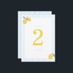 Convites Coastal Blue Lemon Amalfi Wedding Table Number<br><div class="desc">Coastal Blue Lemon Amalfi wedding table number designed for a cheerful Italian summer wedding reception. This elegant design blends Mediterranean citrus aesthetics with coastal preppy style, perfect for modern brides planning a stylish destination or seaside celebration. Pair with lemon centerpieces, blue-and-white décor, and linen table runners for a bright Amalfi-inspired...</div>