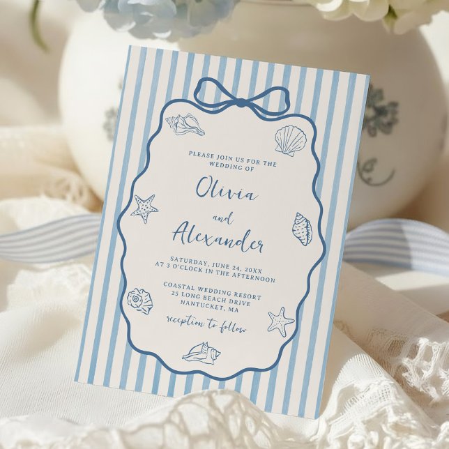 Convites Coastal Blue Stripe Whimsical Hand Drawn Wedding (Criador carregado)