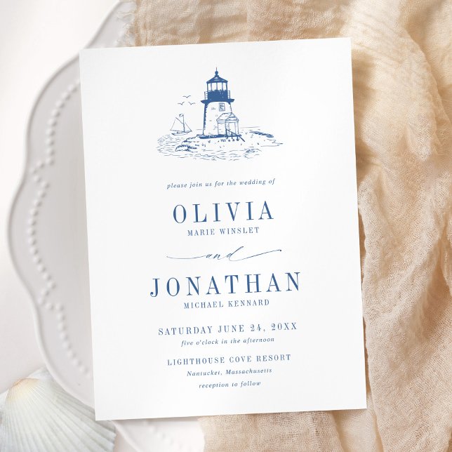 Convites Coastal Blue Toile Lighthouse Wedding (Criador carregado)