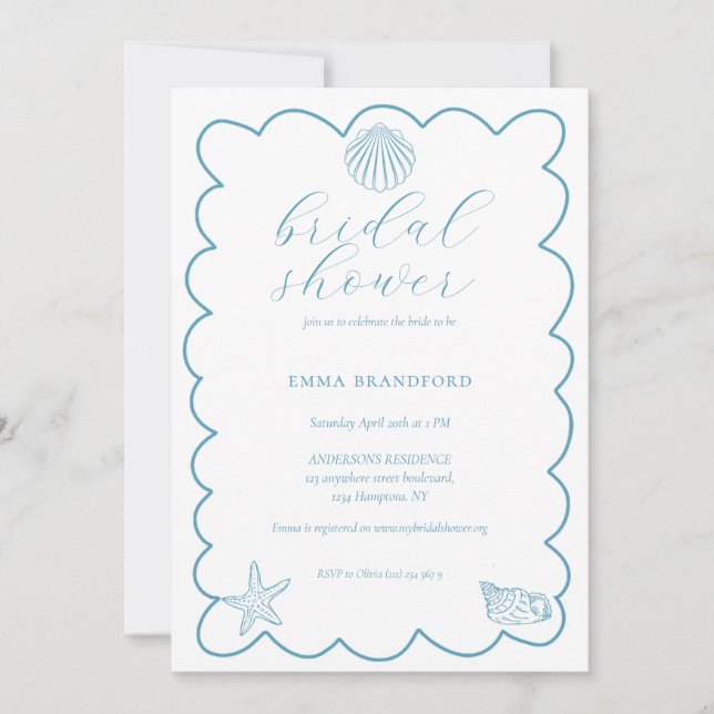 Convites Coastal Doodle Blue White Bridal Shower  (Frente)