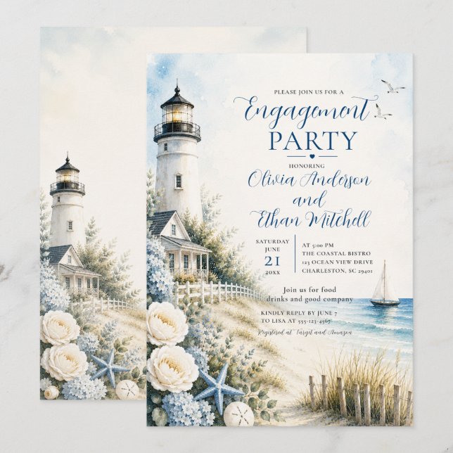 Convites Coastal Lighthouse Engagement Party (Frente/Verso)