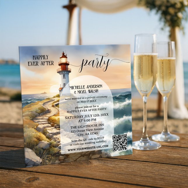 Convites Coastal Lighthouse Happily Ever After Wedding (Watercolor happily ever after wedding invitation featuring a lighthouse at sunset - with QR code)