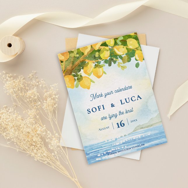 Convites Coastal Mediterranean Lemon Grove Wedding (Mediterranean Lemon Grove Watercolor Save the Date | Coastal Destination Wedding Invitation)