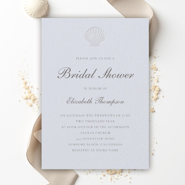 Convites Coastal Nautical Shell Formal Blue Bridal Shower (coastal bridal shower invitation formal modern classic elegant script shell blue nautical ocean boat)