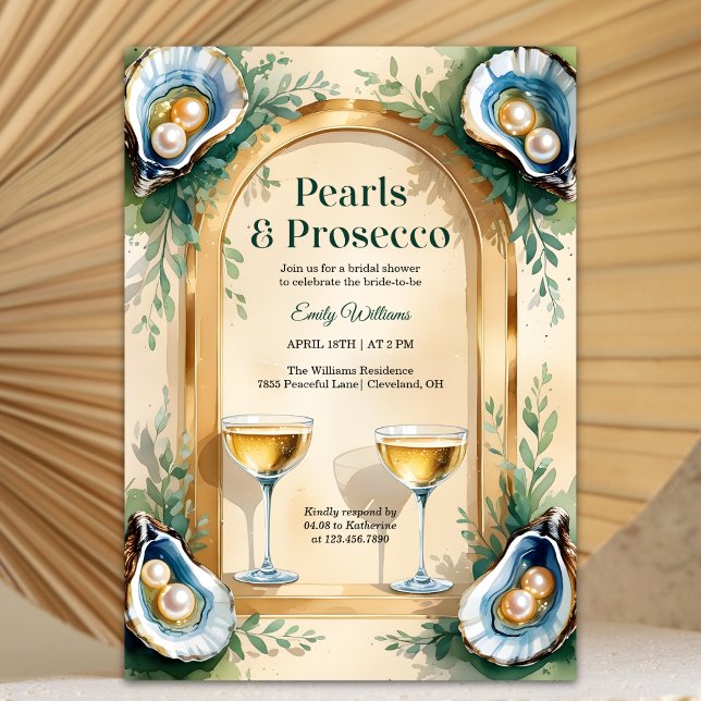 Convites Coastal Oyster Pearls & Prosecco Bridal Shower (Pearls & Prosecco Bridal Shower – Coastal Oyster, Champagne Coupes, Gold Arch, Personalized)