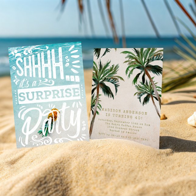 Convites Coastal Palm Trees Surprise Party Beach Birthday (Criador carregado)