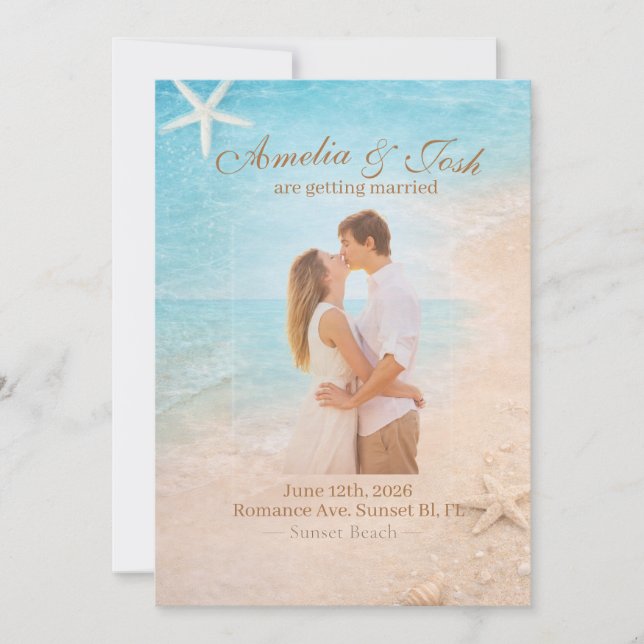 Convites Coastal Sand & Sea Starfish wedding invitation (Frente)
