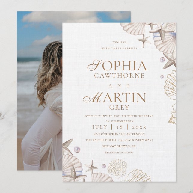 Convites Coastal Seashells Beach Wedding Photo (Frente/Verso)