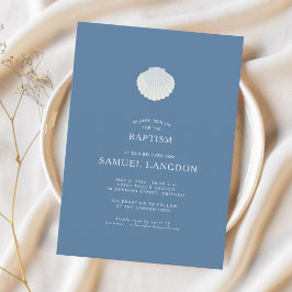 Convites Coastal shell blue Christian baptism Invitation