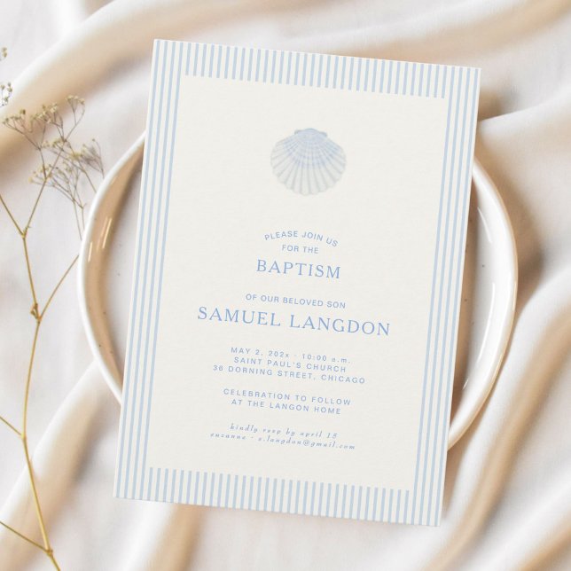 Convites Coastal shell blue striped baptism Invitation (Criador carregado)