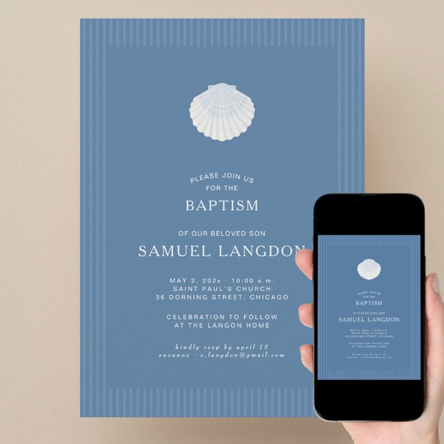 Convites Coastal shell blue striped baptism Invitation (Criador carregado)