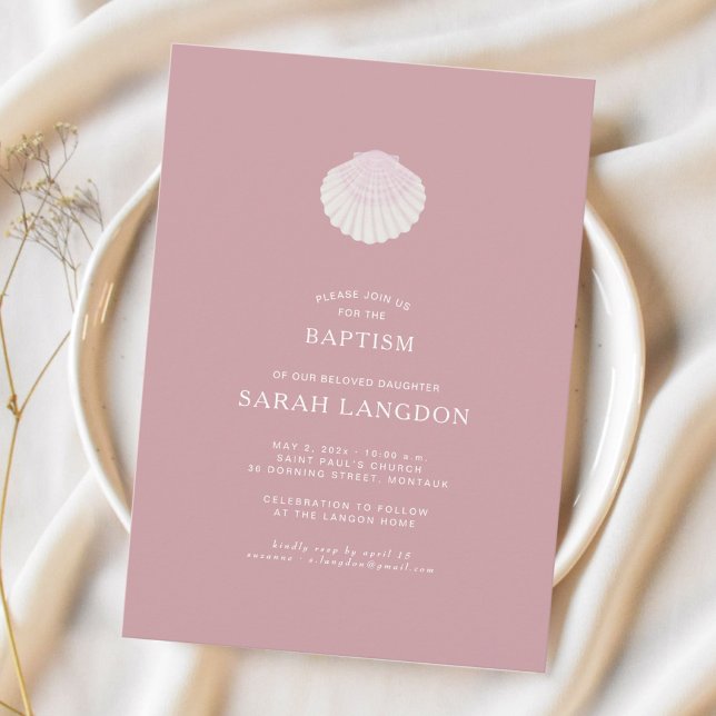 Convites Coastal shell dusty pink baptism Invitation (Criador carregado)
