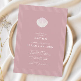Convites Coastal shell dusty pink striped baptism Invitatio