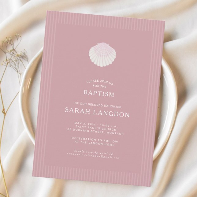 Convites Coastal shell dusty pink striped baptism Invitatio (Criador carregado)
