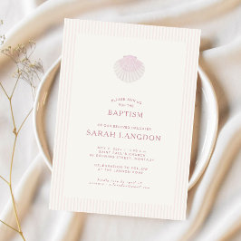 Convites Coastal shell pink striped baptism Invitation