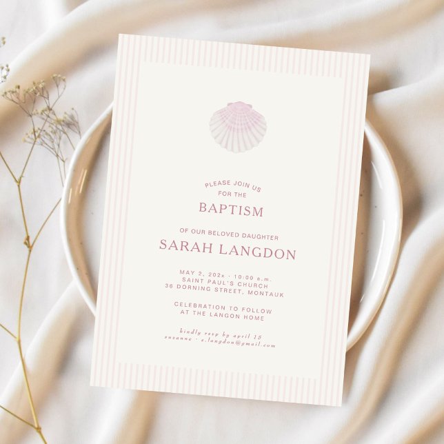 Convites Coastal shell pink striped baptism Invitation (Criador carregado)