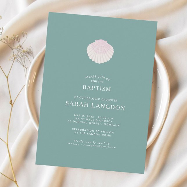 Convites Coastal shell sage green pink baptism Invitation (Criador carregado)