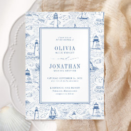 Convites Coastal Toile Lighthouse Blue Wedding