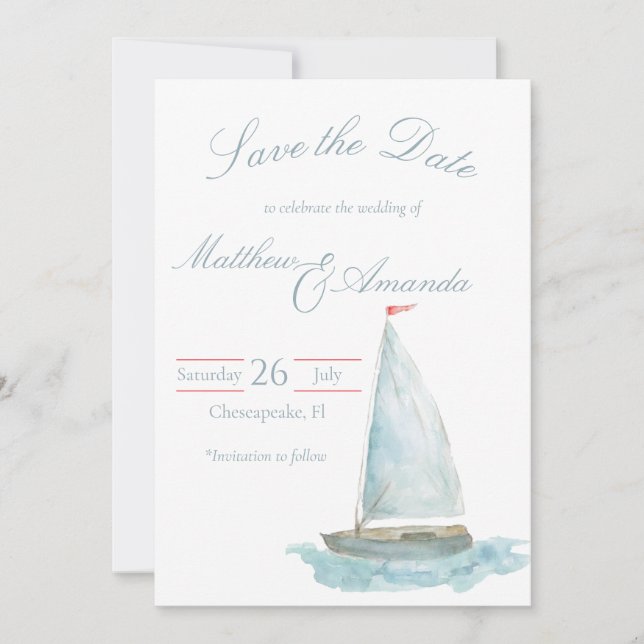 Convites Coastal Watercolor Sailboat Save the Date (Frente)