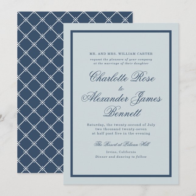 Convites Coastal Wedding Dusty Blue Classic Script (Frente/Verso)