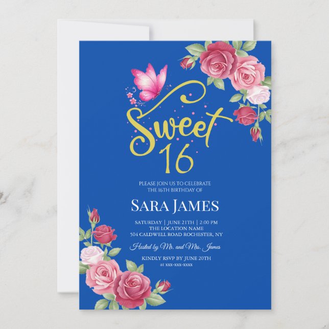 Convites Cobalt Blue and Pink Floral Sweet 16 Birthday (Frente)