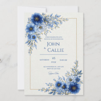 Convites Cobalt Blue Botanical Gold Line Frame Wedding