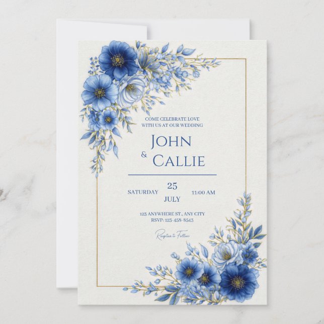 Convites Cobalt Blue Botanical Gold Line Frame Wedding (Frente)
