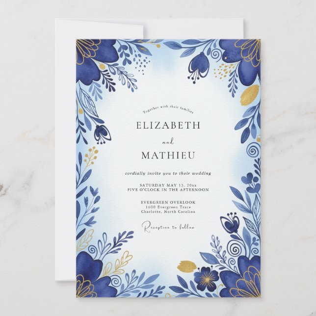 Convites Cobalt Blue Brilliant Botanical Wedding (Frente)