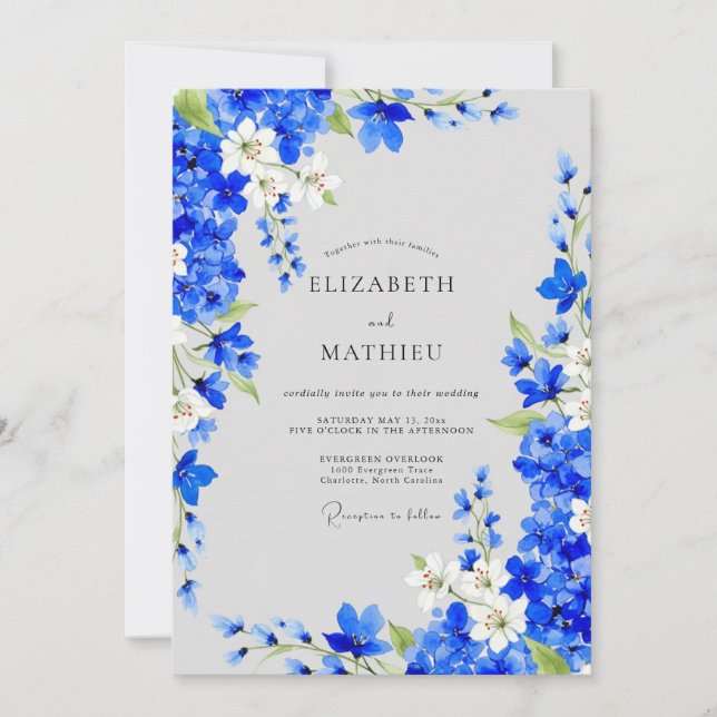 Convites Cobalt Blue Floral Romance Wedding (Frente)